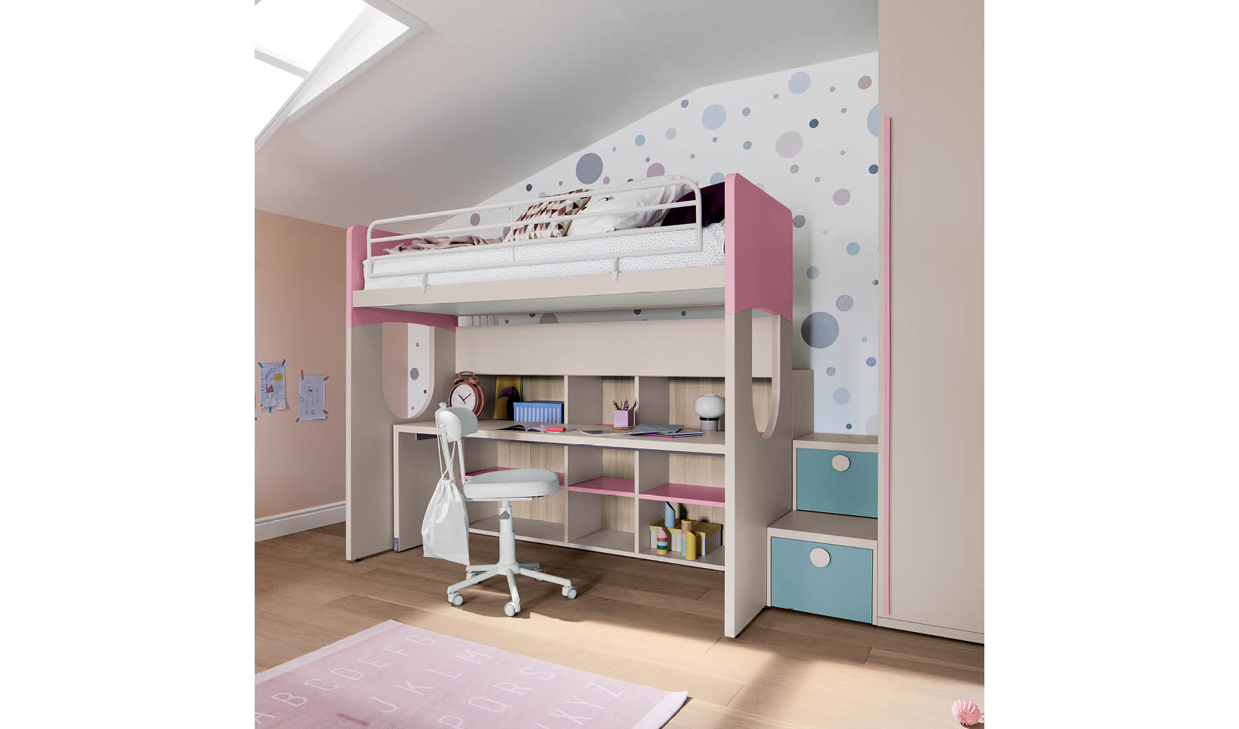 Letto per bambini Breithorn, Cameretta completa con armadio e cassetti,  Composizione letto a castello con due lettini singoli, 275x108h150 cm,  Bianco e Rovere, con imballo rinforzato