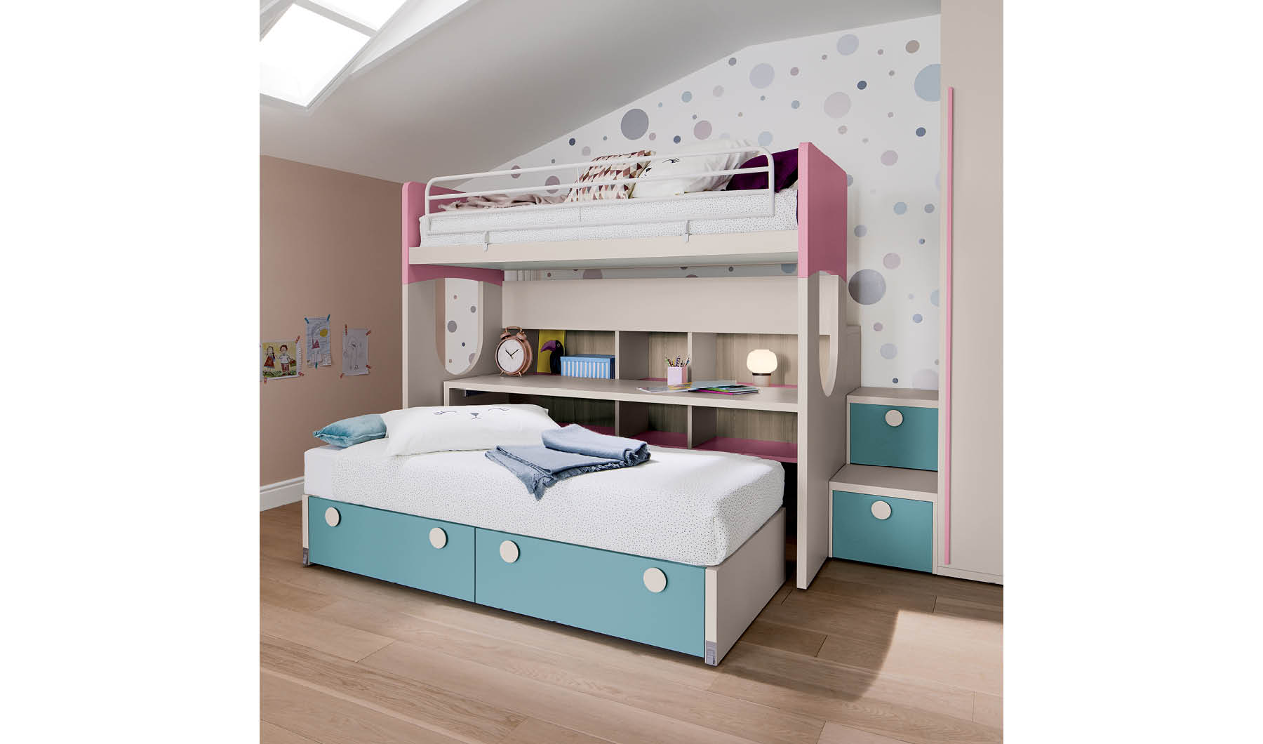 Letto per bambini Breithorn, Cameretta completa con armadio e cassetti,  Composizione letto a castello con due lettini singoli, 275x108h150 cm,  Bianco e Rovere, con imballo rinforzato